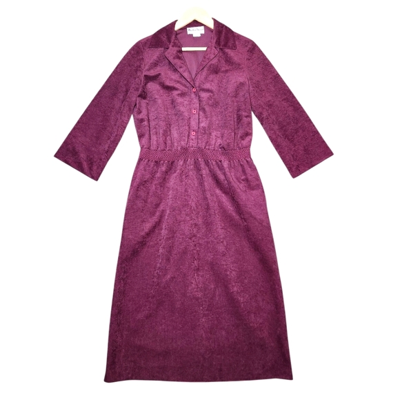 Vintage Dresses & Skirts - Vintage 70s Purple Velvet Midi‎ Button Dress Collar Boho Cottage Mod Granny 12
